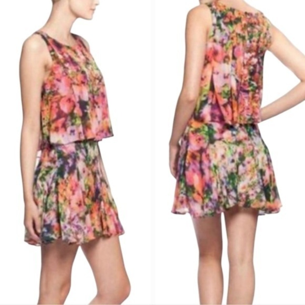 Nicole Miller Artelier Floral Tiered‎ Ruffle Dress Pink Orange Green Size Small